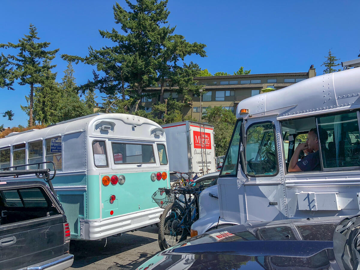 The skoolie parked in front of us waiting on the second ferry.